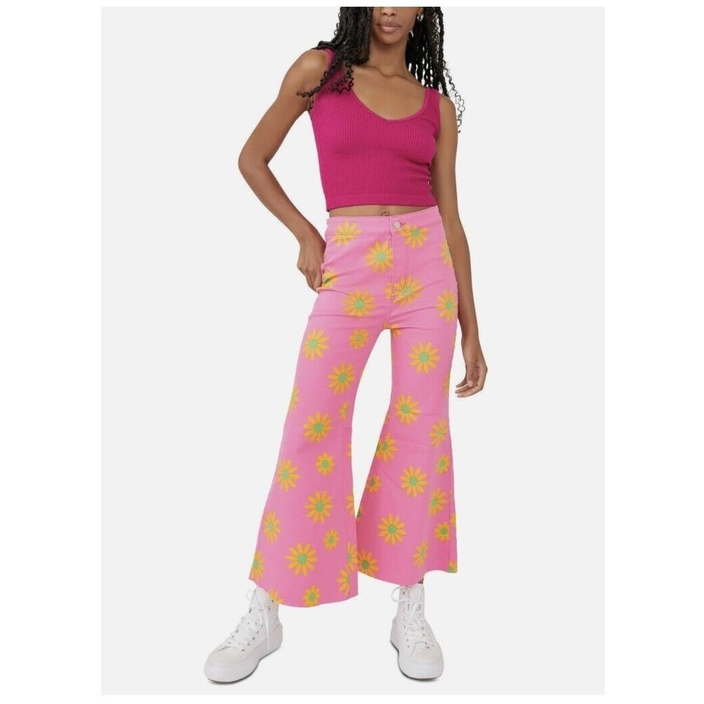 Free People Youthquake Floral Printed Crop Flare Leg Pants in Pink Berry Size 27